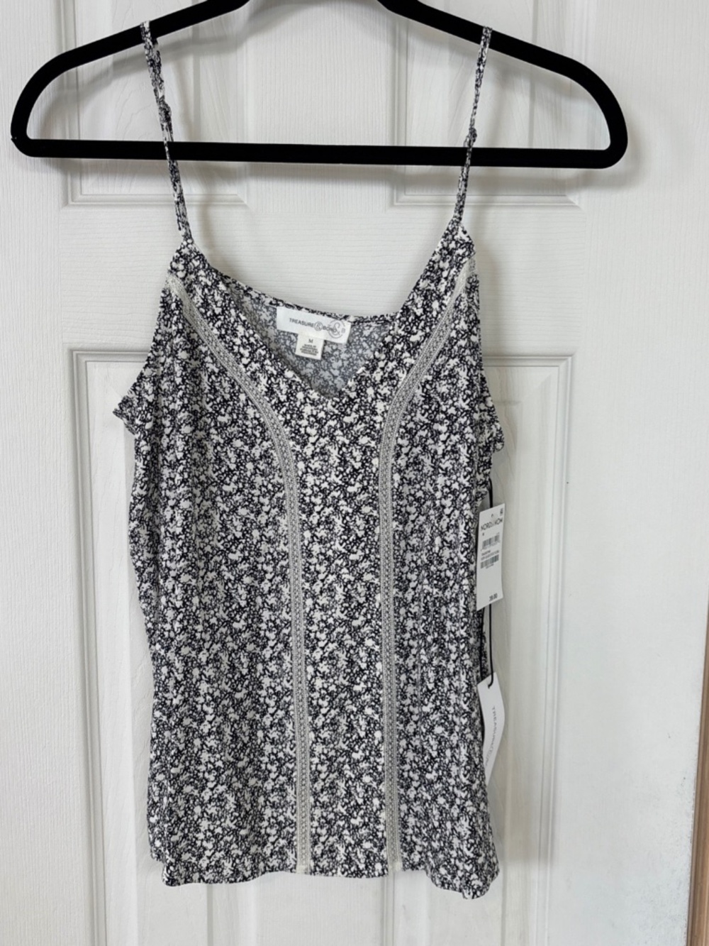 New Treasure & Bond Cami Top, lace inlay Ivory/Black static Floral size M NWT